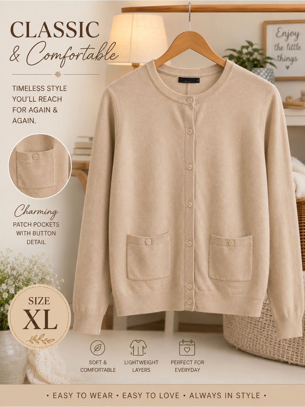 Beige Button Front Crewneck Cardigan Sweater - Women